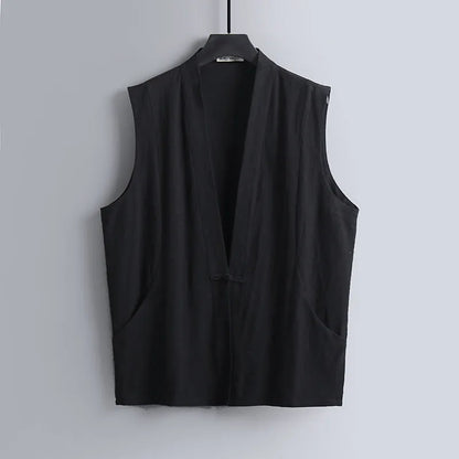 Men's solid colour linen sleeveless vest in loose fit for summer wear