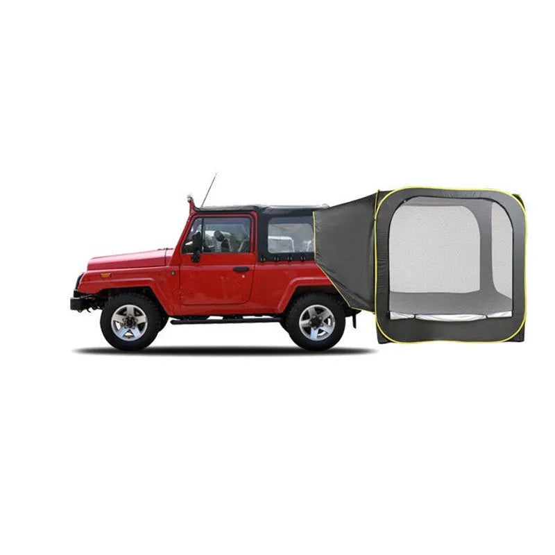 Black pop-up quick-throw car tail tent unfolded to a 200cm cube, set up behind an SUV.