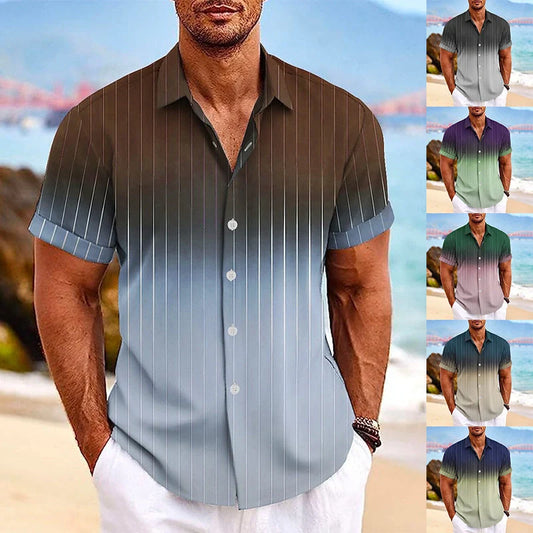 Men's gradient striped short-sleeved shirt with lapel button detail