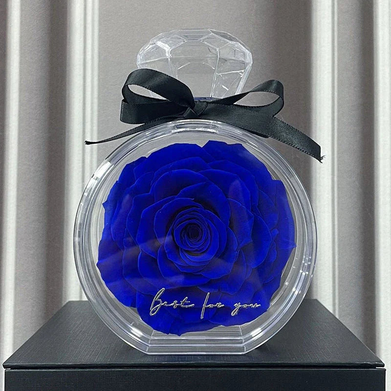 Preserved floral ornaments in various colors, displayed in a transparent cover for elegant home decor