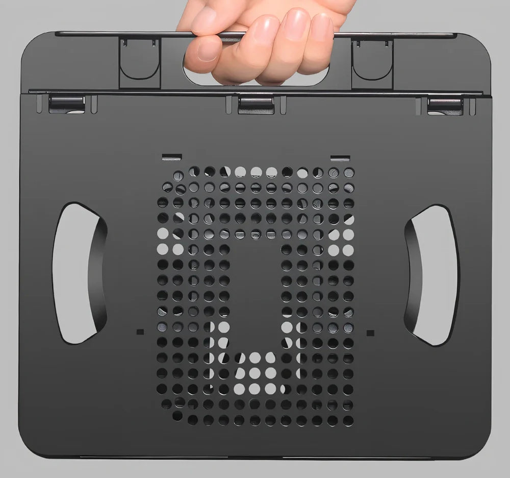 Black portable laptop stand with eight adjustable height settings expanded to 220mm width