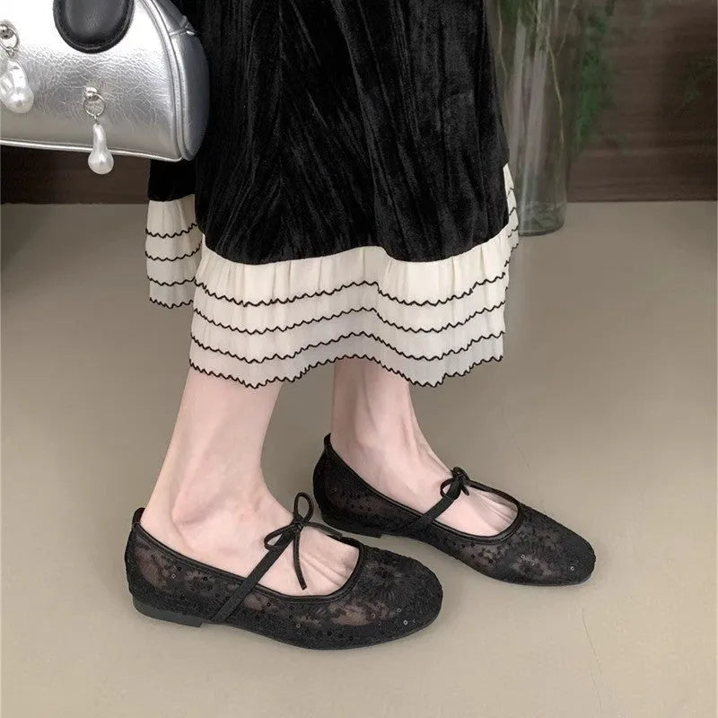 Women's flat heel Mary Jane evening shoes with lace mesh detailing and 3-5cm mid heel