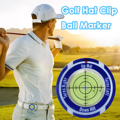Golf level hat clip measurement device with green level markings and position marks for putting alignment