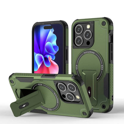 Magnetic invisible bracket phone case for iPhone 15 and 16 in Titan Gray with frosted finish and soft edge hard bottom.