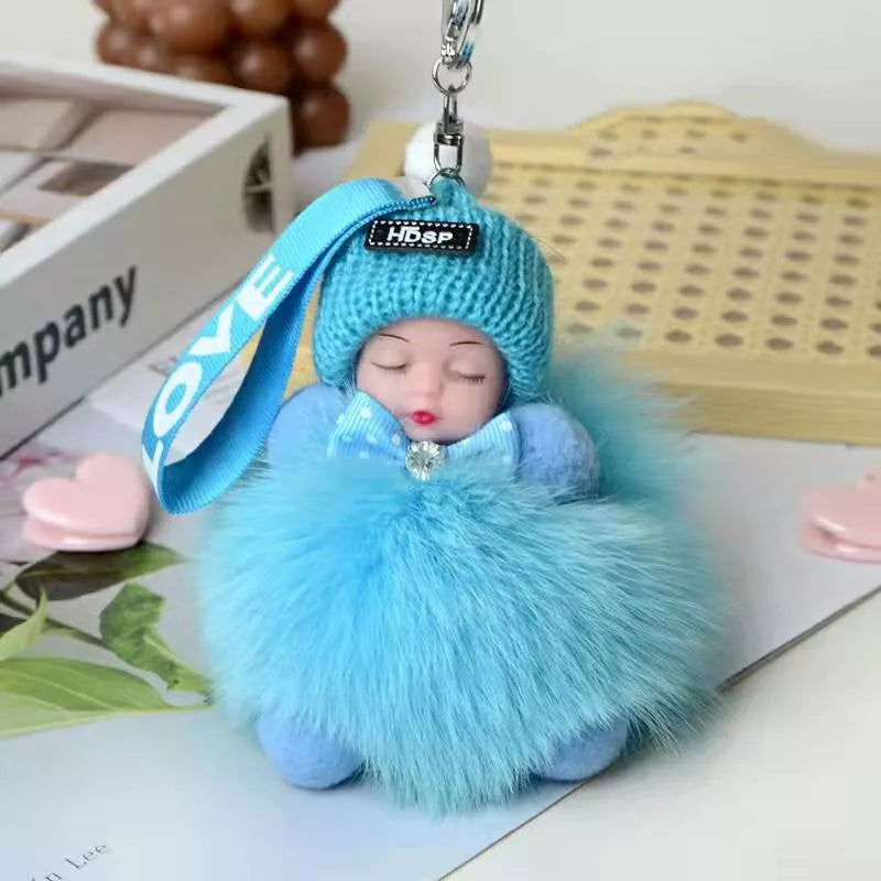 Hand-woven fox fur sleeping doll keychain pendant with optional bow