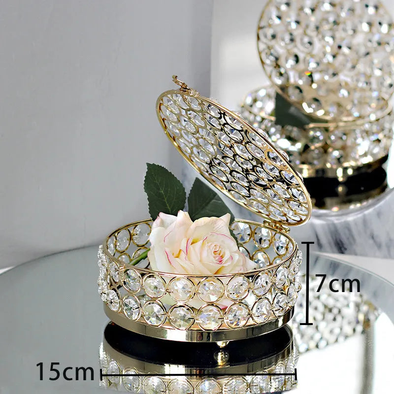 French gold iron jewellery box with crystal glass panels showing jewellery inside