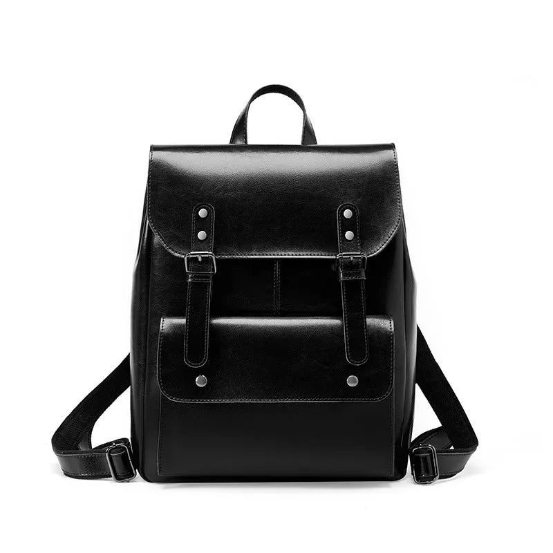 Genuine cowhide leather backpack for women in black, brown, or coffee, showing hard-textured two-layer construction.
