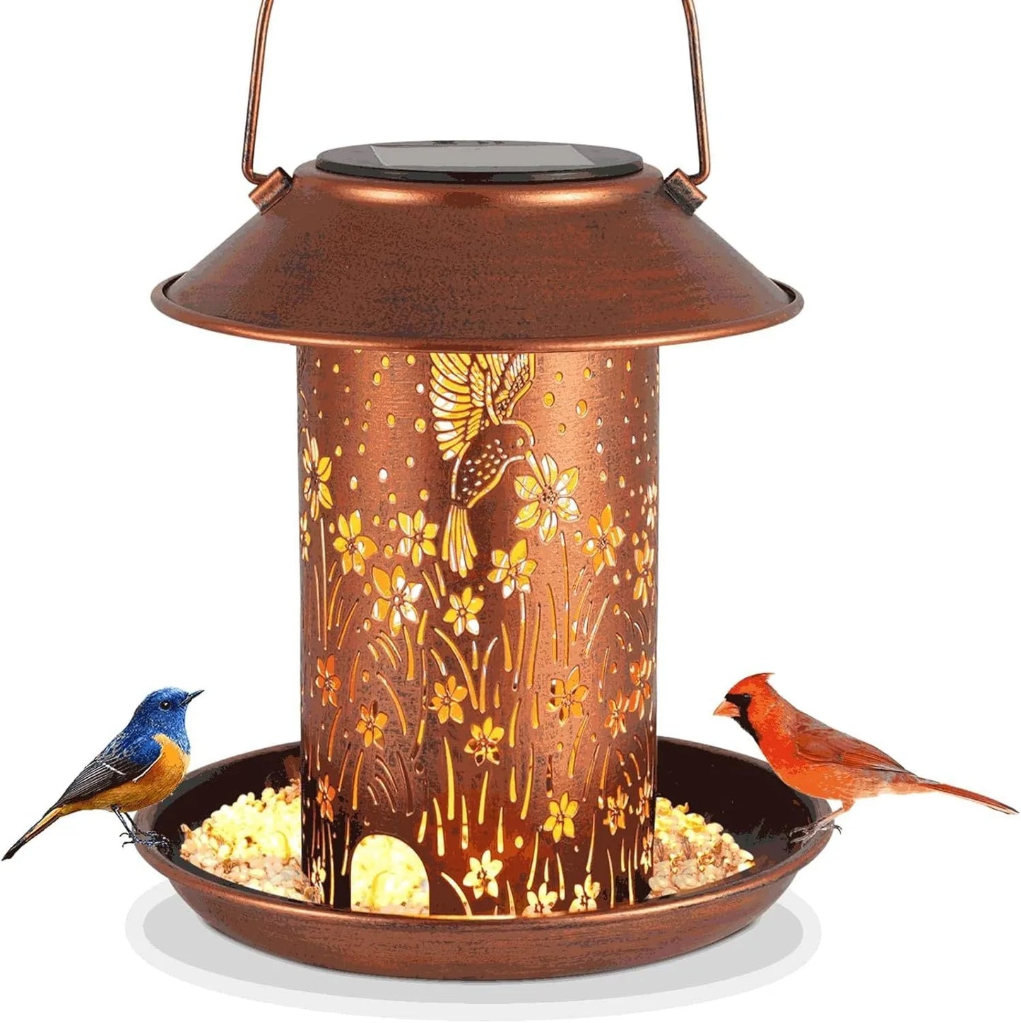 Solar lamp feeder with hummingbird pattern iron art design for garden bird feeding and lighting
