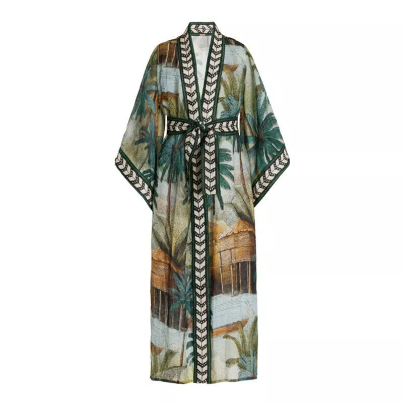 Long sleeve beach cardigan with lace-up detail in black and cyan