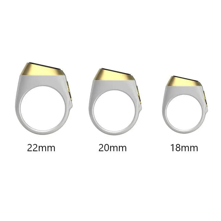 Zikr1 smart ring in metal with OLED display showing time and Tasbih count, sizes 18mm-22mm