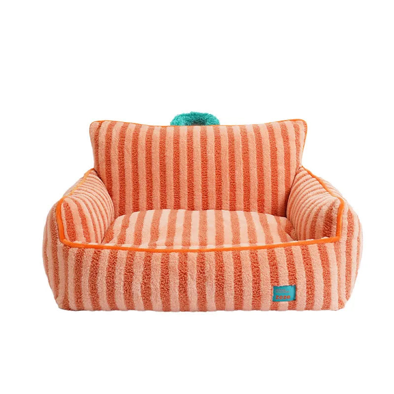 Striped soft velvet pet bed with removable cover in orange, purple, or yellow for dogs