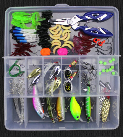 Junior fishing lure suit set in PP plastic box with multiple bait designs including thunder frog lures