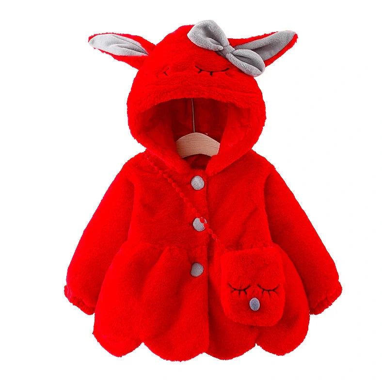 Children's furry cotton-padded coat with cartoon pattern in red colour, showing single-breasted closure and fleece lining