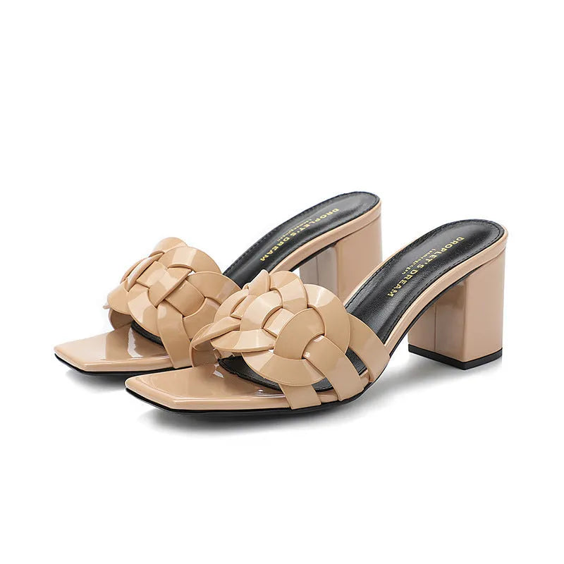 Women's woven chunky heel slippers with sheepskin lining in multiple colours
