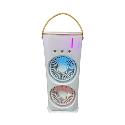 White portable humidifier fan with double heads and remote control on a table