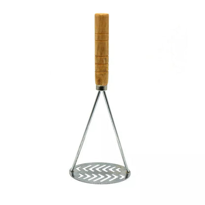 Manual potato masher with wooden handle and flower-shaped press for easy mashing