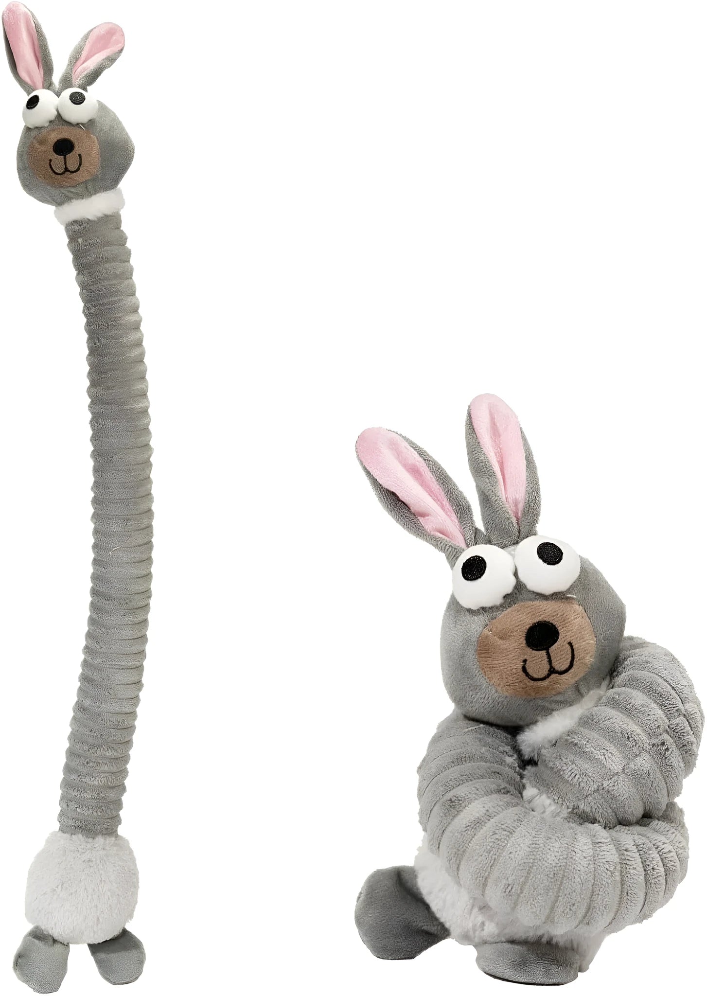 Assorted plush squeaky dog toys with crinkle texture in brown, grey, and yellow colours showing foldable design