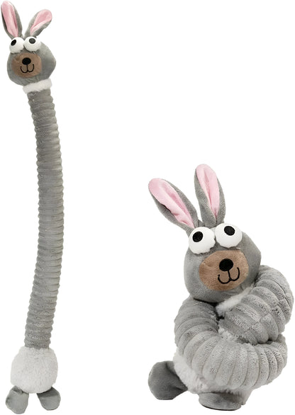 Assorted plush squeaky dog toys with crinkle texture in brown, grey, and yellow colours showing foldable design