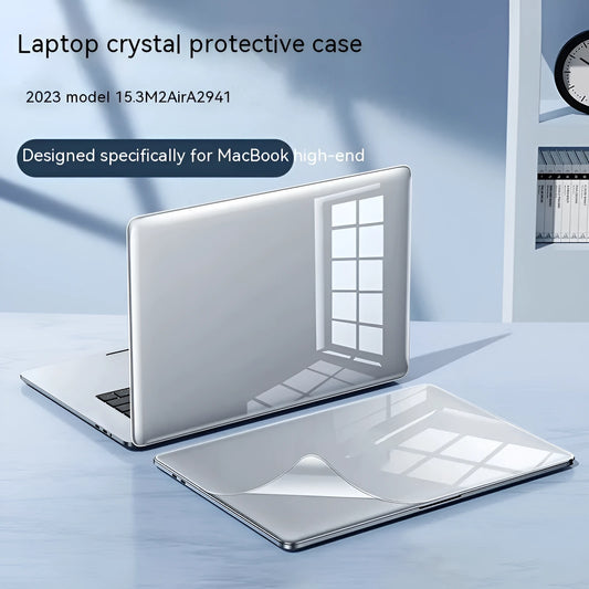 Hard protective case for MacBook laptop in crystal transparent, black, frosted, and matte black finishes.