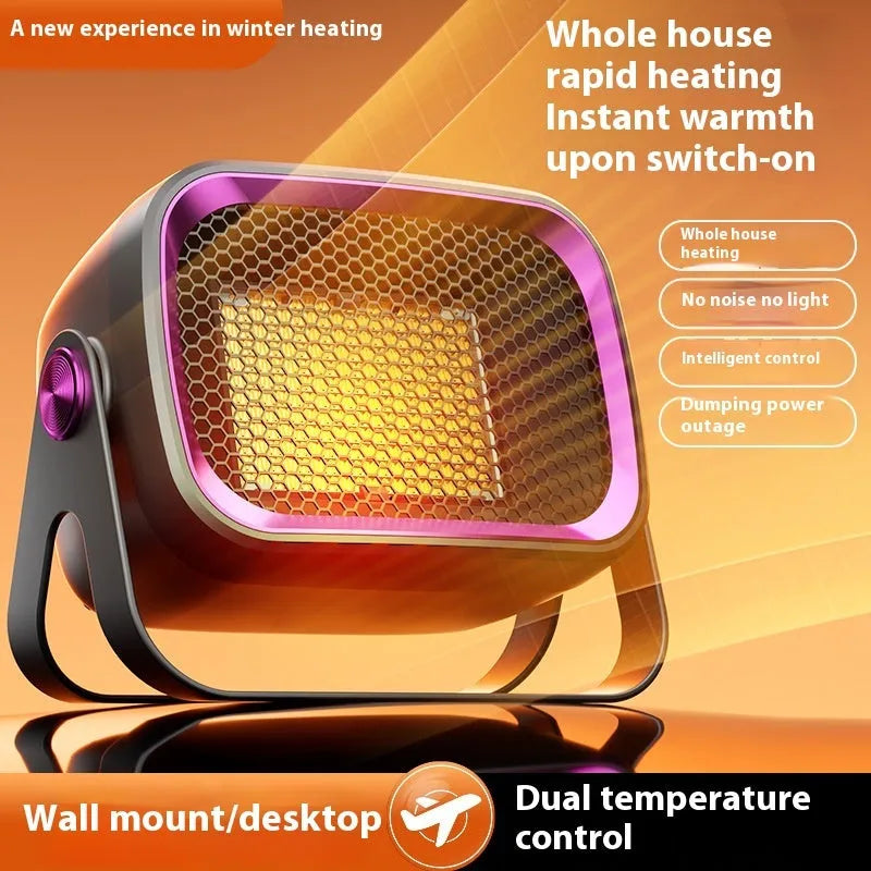 White desktop heater with PTC ceramic heating, two fan speeds, and rotatable body on a wooden desk