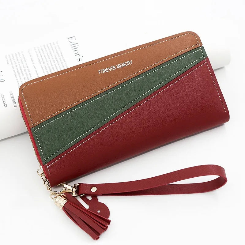 Square vertical PU leather coin purse card holder with contrast colour trim, medium length, in pink, red, blue or black.