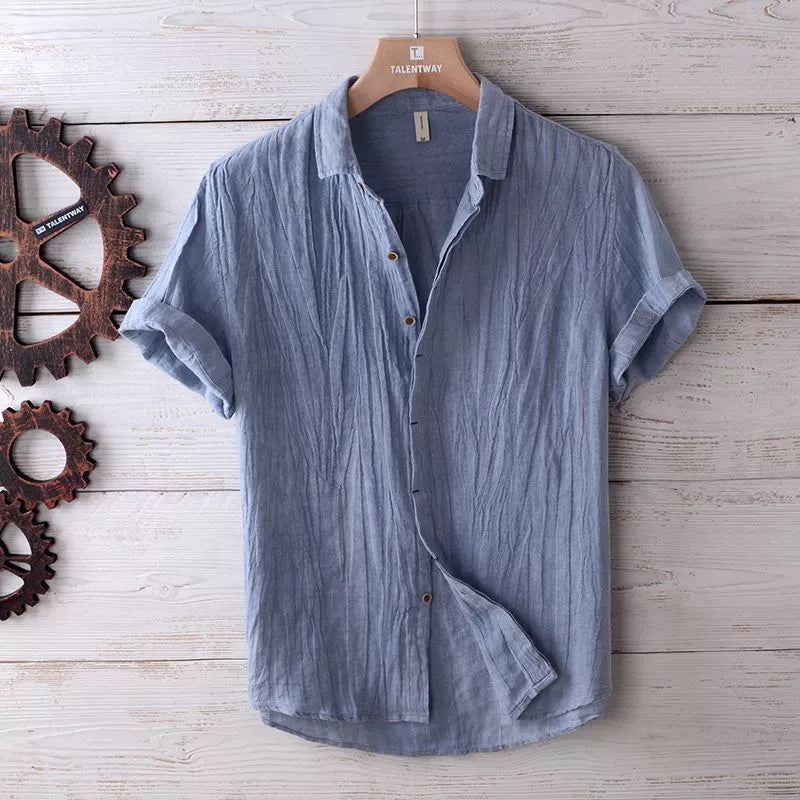 Men's solid color retro distressed linen shirt in white, blue, and gray