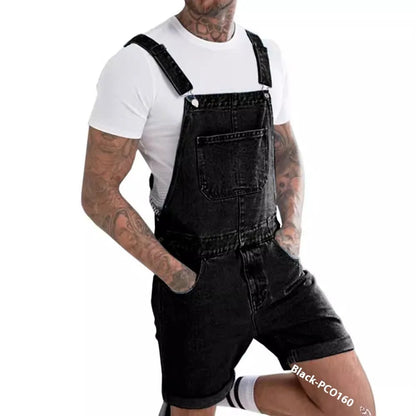 Black denim suspender shorts for men on a hanger, showing mid-waist and shorts length.