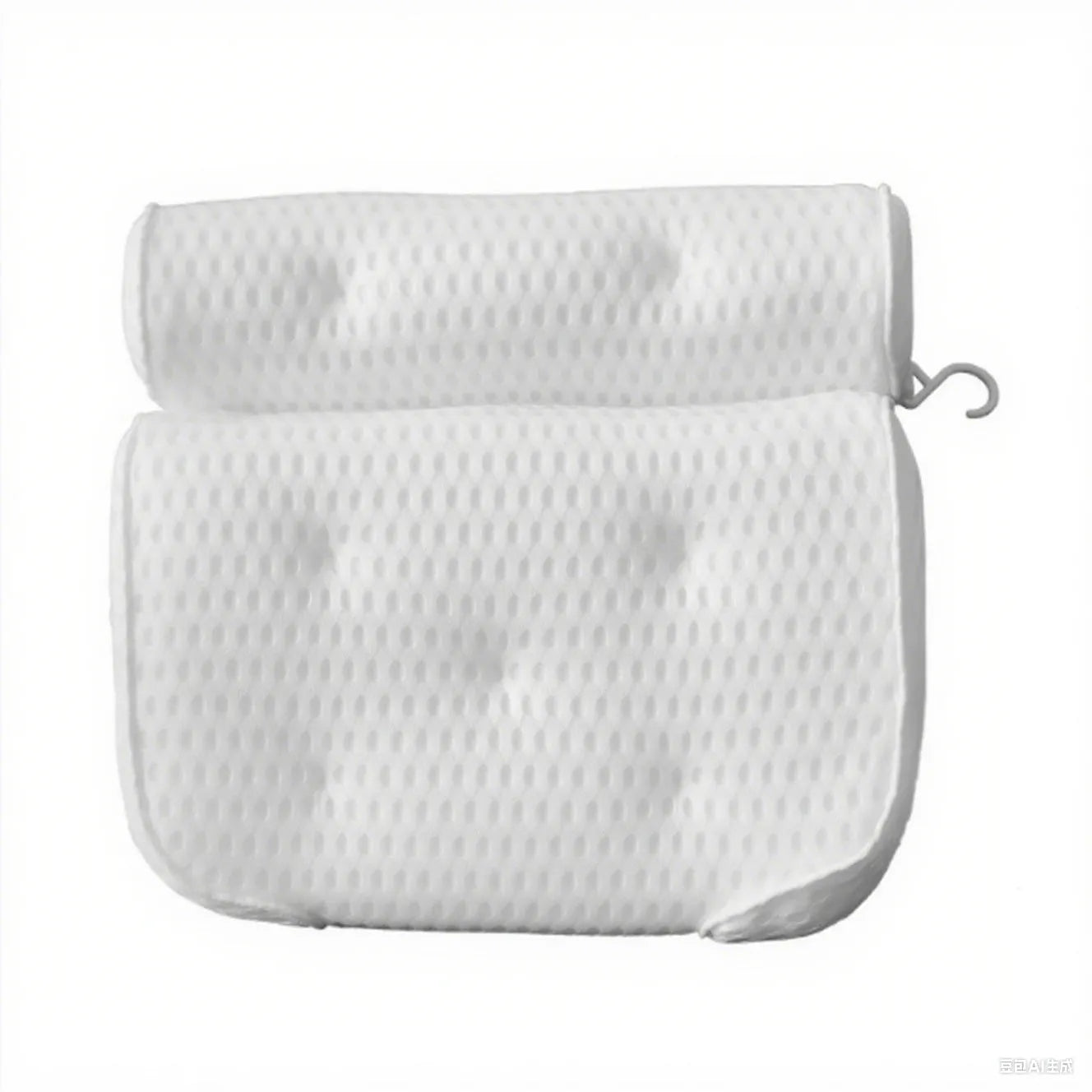 White bathtub pillow with 7 suction cups and 4D mesh design, measuring 37x34x10cm, on a bathtub