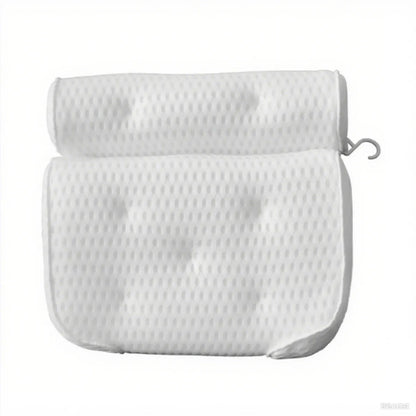White bathtub pillow with 7 suction cups and 4D mesh design, measuring 37x34x10cm, on a bathtub