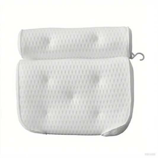 White bathtub pillow with 7 suction cups and 4D mesh design, measuring 37x34x10cm, on a bathtub