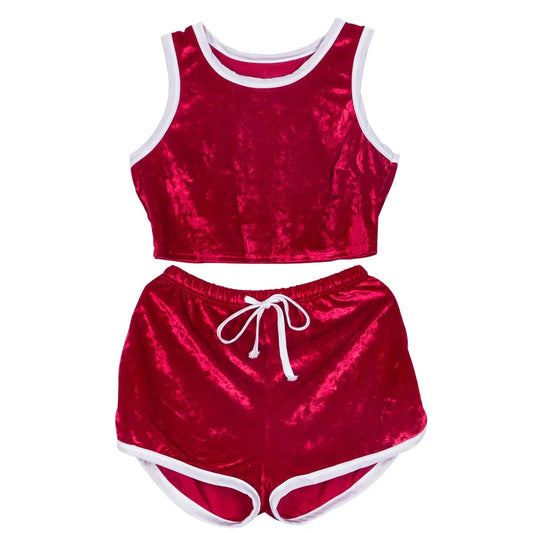 Corduroy lingerie suit with top and trousers in red, green, black, or navy blue colours