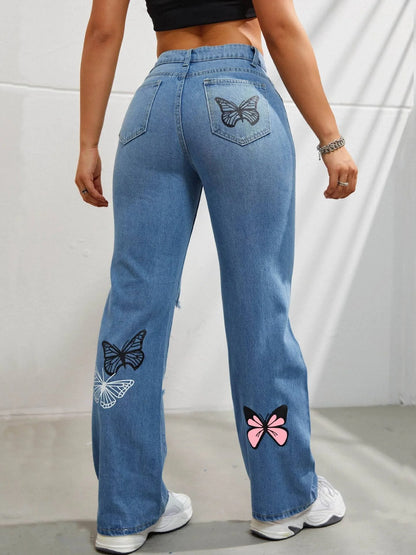 Women's high waisted straight leg jeans with butterfly print and distressed details