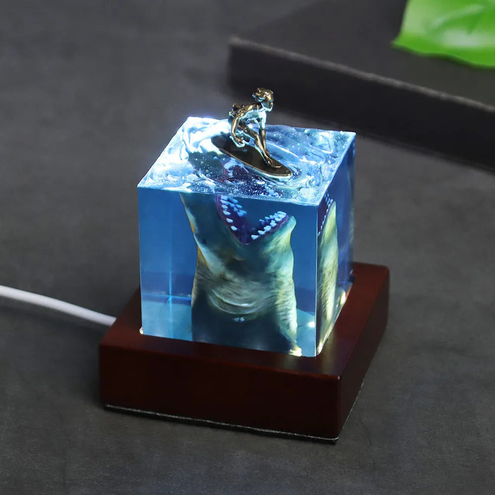Ocean shark surfer scene resin night light in 5cm and 8cm size options