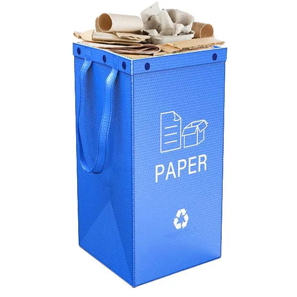 Handbag-style 40-litre garbage bin in blue, showing sorting compartments and 30x50x30cm dimensions