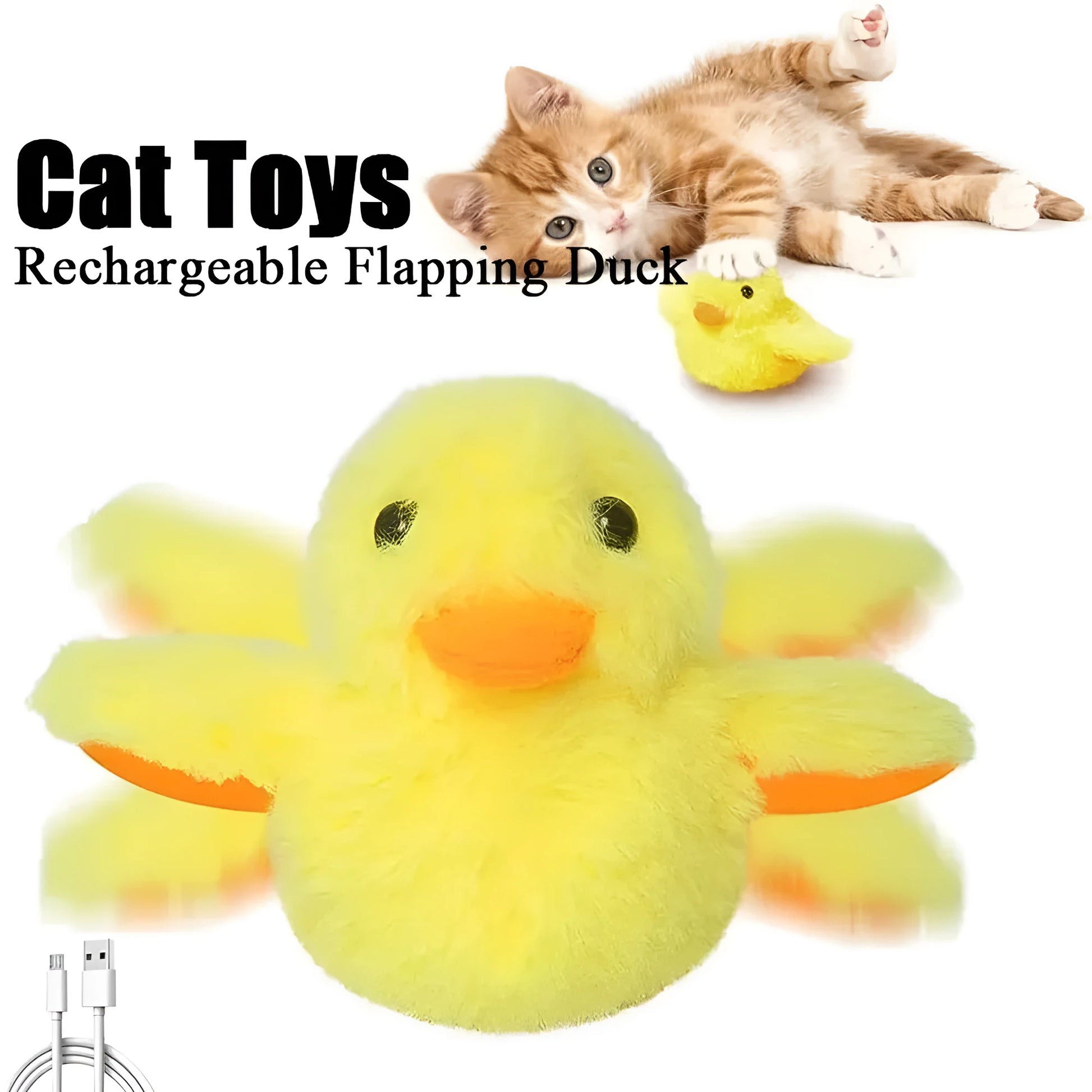 Yellow electric flapping duck cat toy with vibration sensor and removable plush cover