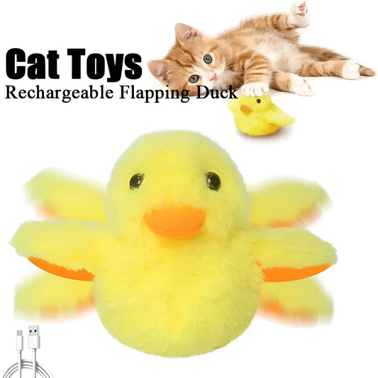 Yellow electric flapping duck cat toy with vibration sensor and removable plush cover
