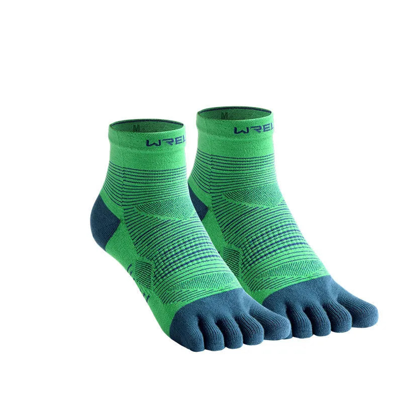 Professional unisex sports toe socks in Coolmax fabric, showing individual toe design and available colour options.