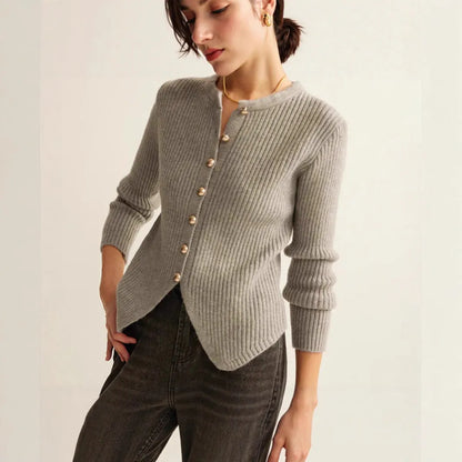 Women's silver loose fit cardigan sweater showing front and back views, Asian sizing label visible.