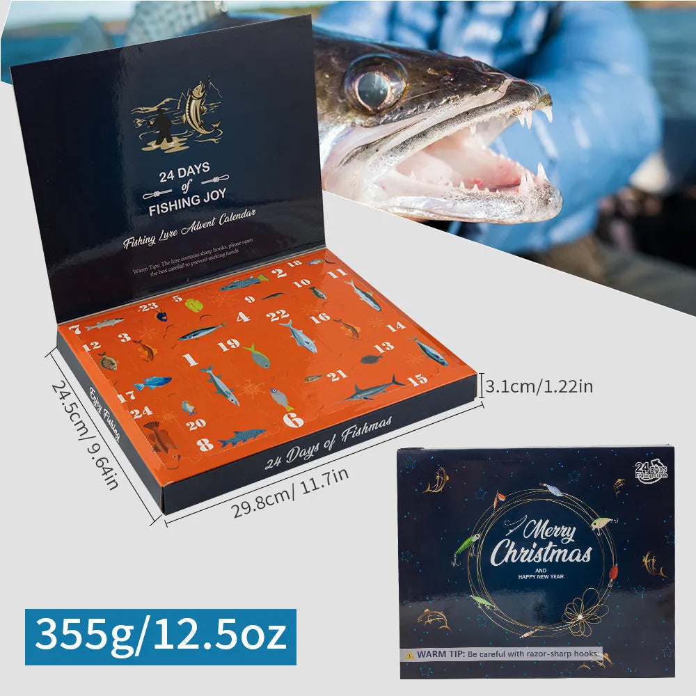 24-piece metal fishing set with various components arranged in a compact package