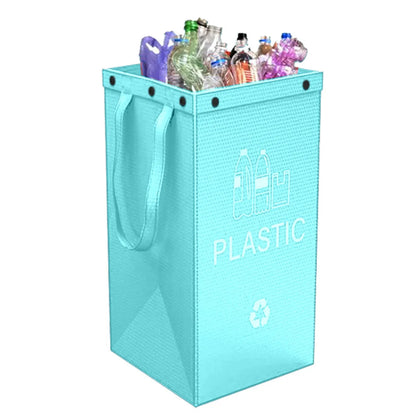 Handbag-style 40-litre garbage bin in blue, showing sorting compartments and 30x50x30cm dimensions