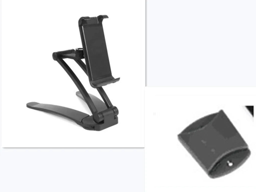 Aluminium alloy desktop tablet stand with adjustable clips on a 23.5cm base, holding a tablet at an angle