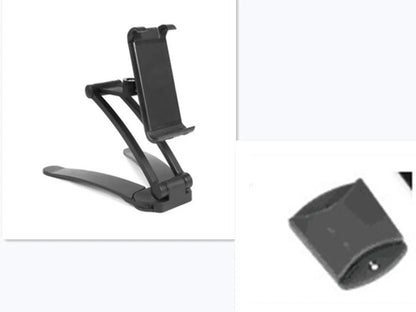Aluminium alloy desktop tablet stand with adjustable clips on a 23.5cm base, holding a tablet at an angle