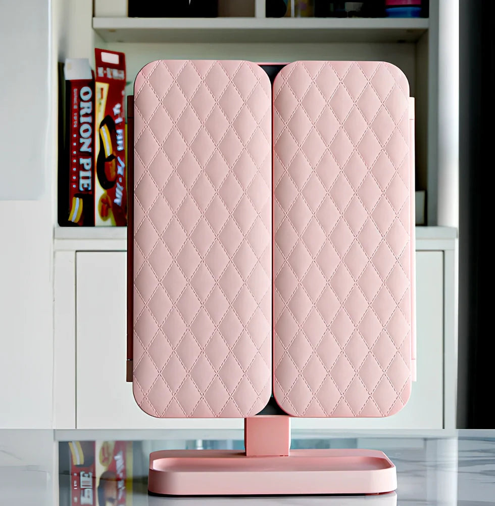 White LED makeup mirror with folded design showing rotation mechanism and magnification lenses