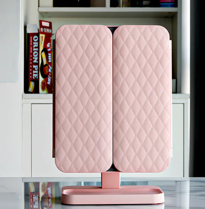 White LED makeup mirror with folded design showing rotation mechanism and magnification lenses