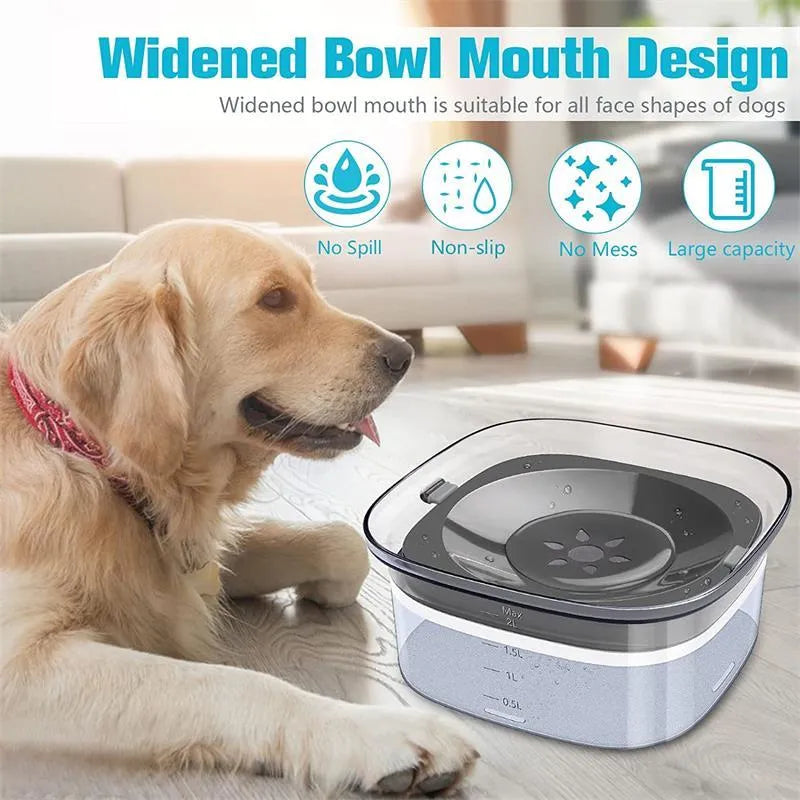 Transparent 2L dog water bowl with floating slow-feeding disk and non-slip base