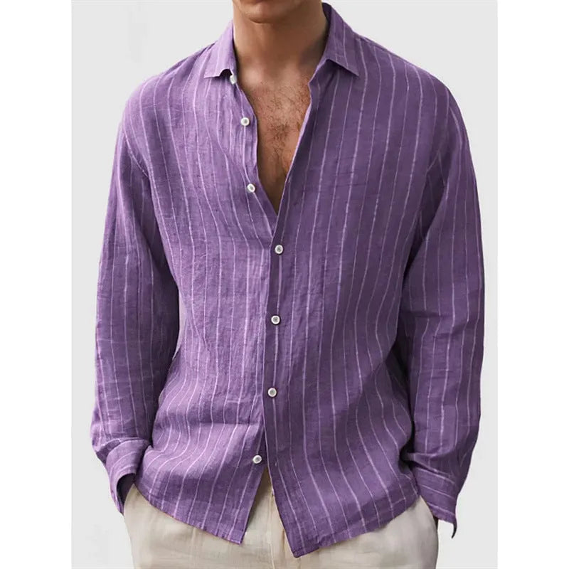 Man wearing a loose striped cardigan-style shirt with short sleeves.