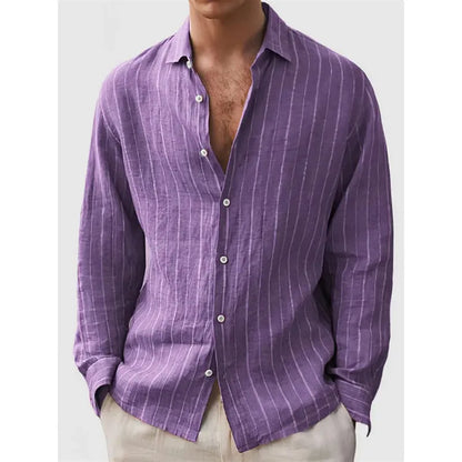 Man wearing a loose striped cardigan-style shirt with short sleeves.