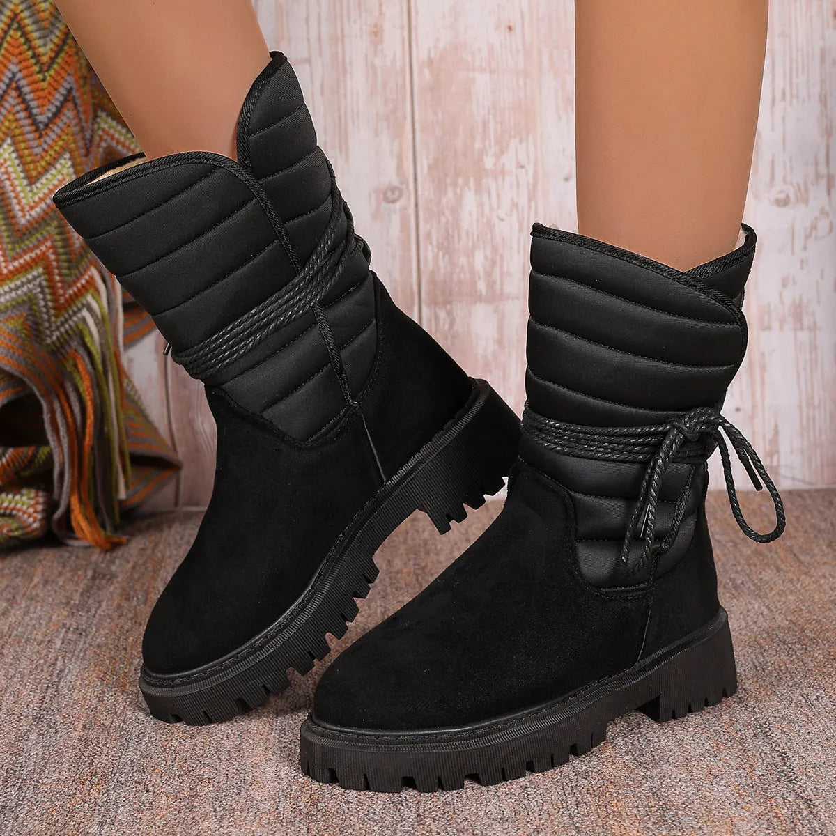 Women's black suede chunky heel snow boots with lace-up design and fleece lining, size 38 displayed