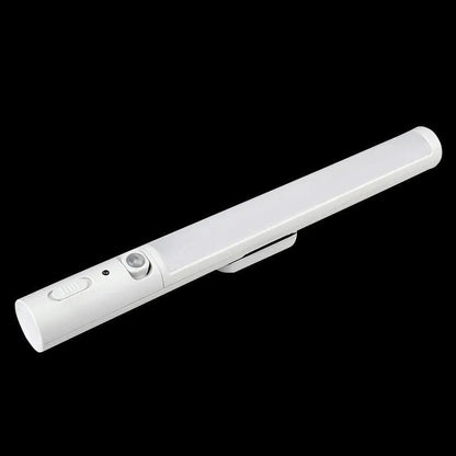 Slender white human body induction LED cabinet light with magnetic back for tool-free installation.