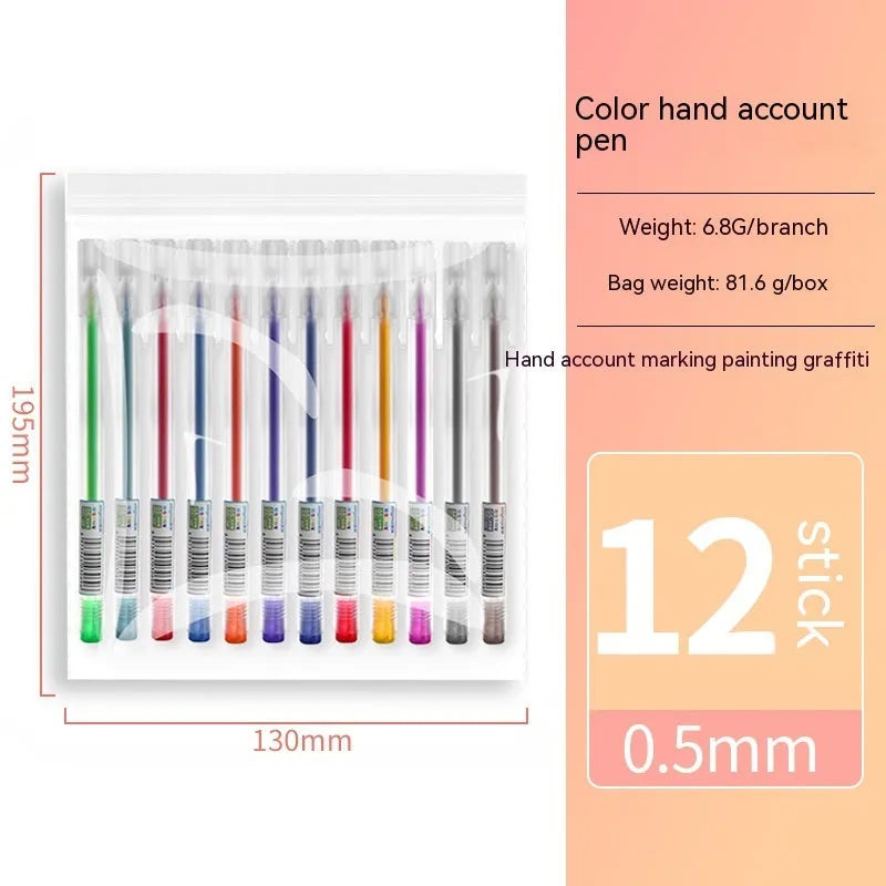Boxed set of twelve coloured gel pens with 0.5 mm fine tips for journal and office stationery